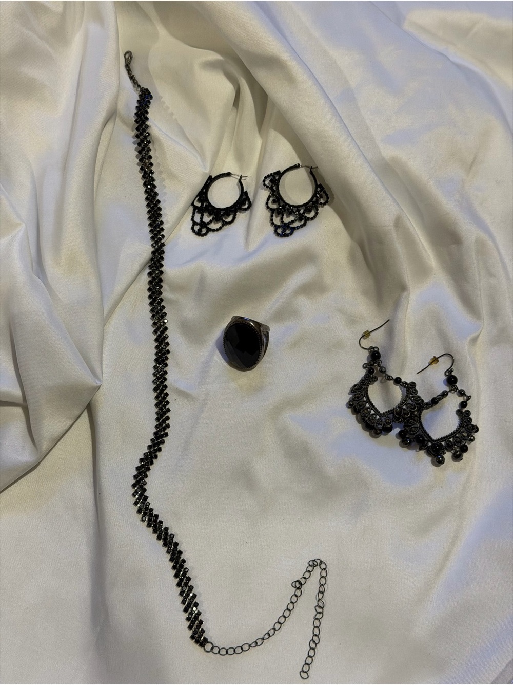 Black Statement Jewelry Set - Elegant Black Necklace, Earrings & Ring (Size 9)